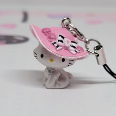 a hello kitty keychain with a pink hat on it