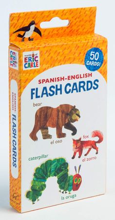 a package of spanish flash cards with pictures of animals and plants on it's front