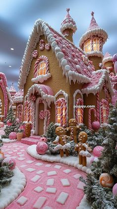 a pink and white gingerbread house decorated with candy canes