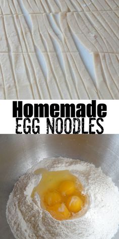 homemade egg noodles in a metal bowl on top of a white countertop