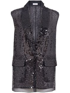 black silk sequin embellishment classic lapels front button fastening sleeveless two side flap pockets straight hem Yoko London, Wardrobe Edit, Outerwear Vest, Vest Outfits, Exclusive Fashion, Brunello Cucinelli, Bergdorf Goodman, Black Silk, Outerwear Women