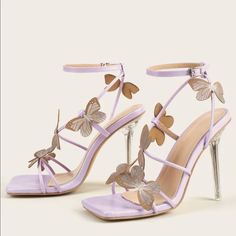 Lavender Butterfly Detailed Heels New, Never Worn Size 9 Purple High Heels, Butterfly Heels, Purple Pumps, Butterfly Sandals, Purple Sandals, Crystal Heels, Nightclub Party, Square Head, Purple Shoes