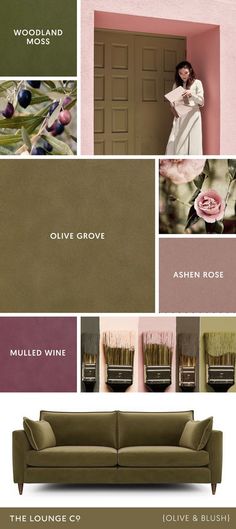 Colour Combinations - Olive Green and Blush Pink interior inspiration Colour Combinations Olive Green, Olive And Plum Living Room, Olive Green Blush Pink Living Room, Olive Blush Bedroom, Dark Green And Blush Living Room, Blush And Green Bedroom Ideas, Blush And Olive Living Room, Olive Green And Light Pink Bedroom, Olive Green Pink Bedroom