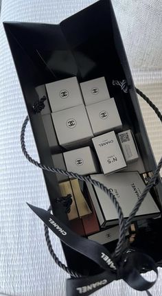 a black box with some white and brown items in it