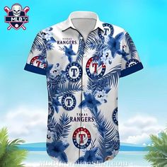 a shirt with the rangers on it is shown in front of palm trees and water