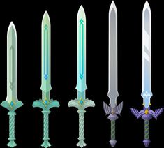 six different types of swords in various shapes and sizes, all with arrows on them