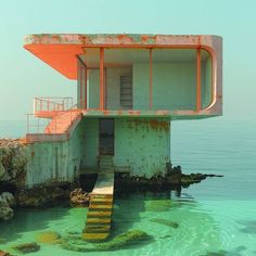 an old building sitting on top of a body of water next to a pier with steps leading up to it