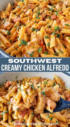 two pictures with different types of pasta in them and the words southwest creamy chicken alfredo on top