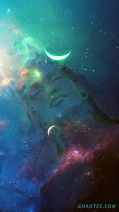 an image of the face of a person in space with stars and planets around it