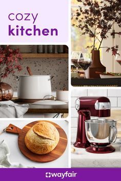 the cover of cozy kitchen with pictures of food and appliances