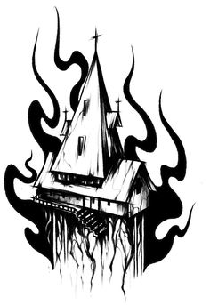 an ink drawing of a church surrounded by flames