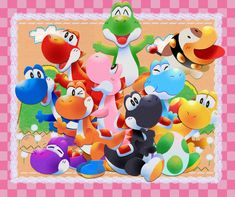 a group of stuffed animals on a pink and white checkered background