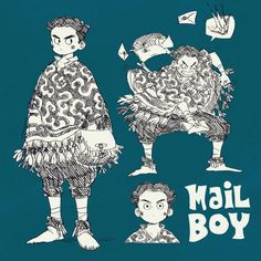 an image of two people in costumes with the words mail boy above them on a blue t - shirt