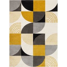 an area rug with various shapes and colors on it, including black, grey, yellow and white