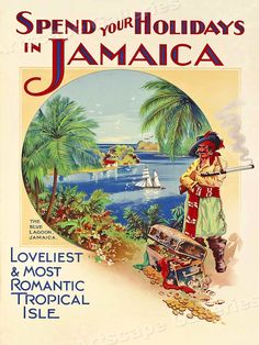 1930s Spend Your Holidays in Jamaica Vintage Style Pirate Travel Poster 24x32 | eBay Blue Lagoon Jamaica, Jamaica Ocho Rios, Old Jamaica, Jamaica History, Jamaican Dancehall, Vintage Jamaica, Jamaican Art, Reggae Artists, Landscape Posters