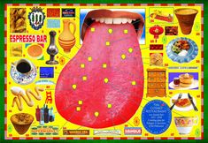 an image of a poster with food and drinks on it's side, including the mouth