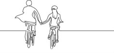 one line drawing of two people on bicycles holding hands and looking out over the horizon