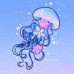 a drawing of a jellyfish with flowers on it's tail and an umbrella over its head