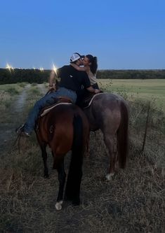 a man and woman kissing on the back of a brown horse in a grassy field