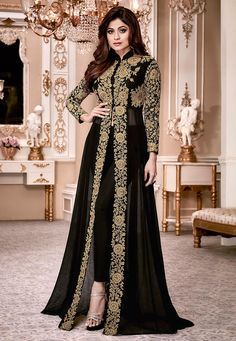 Semi-Stitched Faux Georgette Abaya Style Kameez in Black with Poly Shantoon Lining Gracefully enhanced with Zari, Stone and Patch Border Work. Kameez is Crafted in Chinese Collar and Full Sleeves Available with an Poly Shantoon Pant and a Faux Chiffon Dupatta in Black The Kameez and Bottom Lengths are 54 and 42 inches respectively and may vary upto 2 inches. Do Note: Accessories shown in image is for presentation purpose only. (Slight variation in actual color vs. image is possible. ) Maxi Vestidos, Abaya Style, Dress Muslim, Party Kleidung, Floral Dresses Long, Abaya Dress, Dress Suit, فستان سهرة, Fashion Elegant