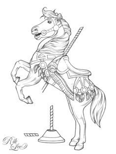 a black and white drawing of a horse on a merry go round with candy canes