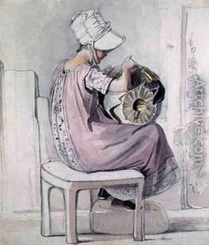 a drawing of a woman sitting on a chair with a fan in her hand and looking out the window