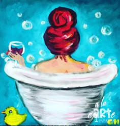 a painting of a woman in a bathtub with soap bubbles and a glass of wine