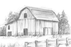 a pencil drawing of a barn in the country side with trees and fence around it