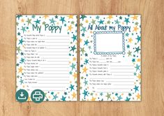 a printable book with the words my poppy on it and stars around it