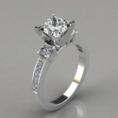 a white gold engagement ring with two princess cut diamonds on the sides and side stones