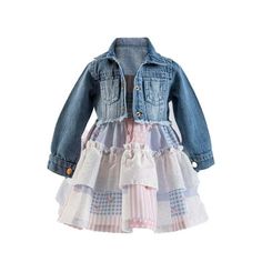 Our 2-Piece Infant and Toddler Girls Set includes Sundress and Crop Jean Jacket in Cotton and Polyester Blends. Sundress: Features fully lined little girl's dress with hues of plaid light blue and light pink stripes with polka dots and honey bees. White eyelet tiered skirt leads into crinoline inside the skirt at the bottom to give it a little pouf. Back zipper makes it easy to dress your little one. Available in Pink. Made from 70% Cotton and 30% Polyester. Acid Washed Crop Jacket: Adorable cro Girls Sundress, Crop Jean Jacket, Honey Bees, Pink Ruffle, White Eyelet, Tier Skirt, Tiered Skirt, Pink Stripes