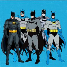 the batman family is standing together in front of blue background