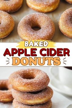 baked apple cider donuts are stacked on top of each other