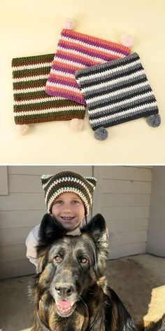 there are two pictures of the same dog wearing knitted hats