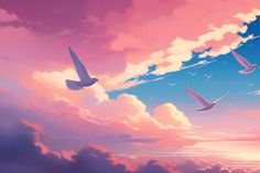 three birds flying in the sky at sunset or dawn with pink clouds and blue sky