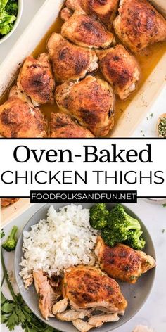 oven baked chicken thighs with white rice and broccoli