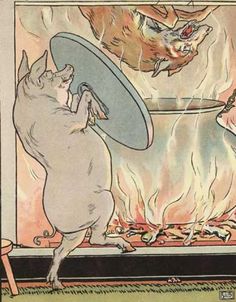 two pigs in front of a fire, one has a pan on his head and the other is holding a plate