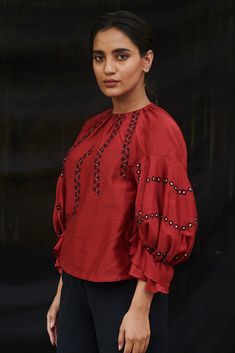 Chandrima-Red Drop Shoulder Cordwork Top-INDIASPOPUP.COM Embroidered Bodysuit, Drop Shoulder Top, Drape Gowns, International Style, Red Gowns, Embroidered Neckline, Kurta With Pants, Pink Jacket, Indian Designer