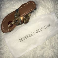 Francesca’s. Beautiful Beaded Sandals! Brand New. Never Worn. Size 9 Embellished Round Toe Sandals For Vacation, Casual Embellished Closed Toe Sandals, Brown Embellished Sandals With Round Toe, Brown Embellished Round Toe Sandals, Bohemian Embellished Flat Sandals, Embellished Adjustable Sandals With Round Toe, Brown Embellished Sandals For Vacation, Gold Beaded Sandals For Vacation, Casual Embellished Adjustable Sandals