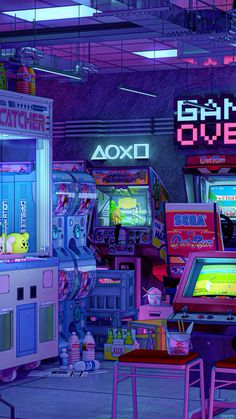 a room filled with different types of video game machines and tables covered in neon lights