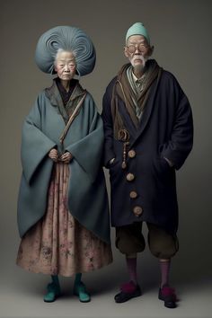 an old man and woman standing next to each other