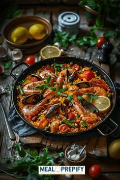 a large skillet filled with seafood and rice on top of a wooden table next to lemons