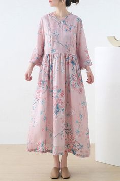 #pinkdress #ramie #tieddress #floraldress Modest Beach Dress For Spring, Modest Spring Beach Dress, Modest V-neck Spring Dresses, Modest A-line Spring Dress, Pink Modest V-neck Dress, Modest V-neck Pink Dress, Modest Pink Midi Dress For Garden Party, Modest Pink Dress For Daywear, Modest Pink Midi Dress For Summer