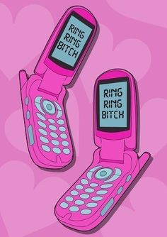 two pink cell phones sitting next to each other on top of a pink background with hearts