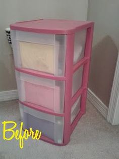 there is a pink and white plastic storage unit