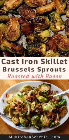 an image of roasted brussel sprouts with bacon on the side and text overlay