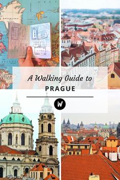 a walking guide to prague, czech with pictures of the city and its surrounding buildings