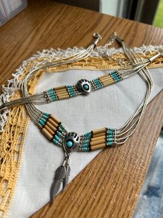 Vintage never worn  Carolyn Pollack Southwestern Sterling  Bear paw necklace and bracelet set Santo Domingo technique, heishi, the stringing of identical beads and shells into a cascade of color Center is traditional Native American design element of bear  paw which is good omen Center is turquoise  Dangle two sterling feathers  Heishi turquoise and bamboo and sterling  Necklace 20" Bracelet approx 6 1/5 Paw Necklace, Sterling Necklace, Western Clothing, Native American Design, Necklace And Bracelet Set, Bear Paw, Sterling Necklaces, Bear Paws, American Design