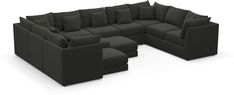 a large black couch with many pillows on it's back and side facings