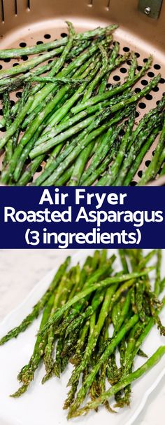 air fryer roasted asparagus with 3 ingredients in the bottom and on top